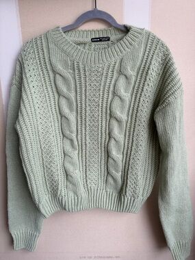 SHEIN Light Sage Cable Knit Crewneck Sweater